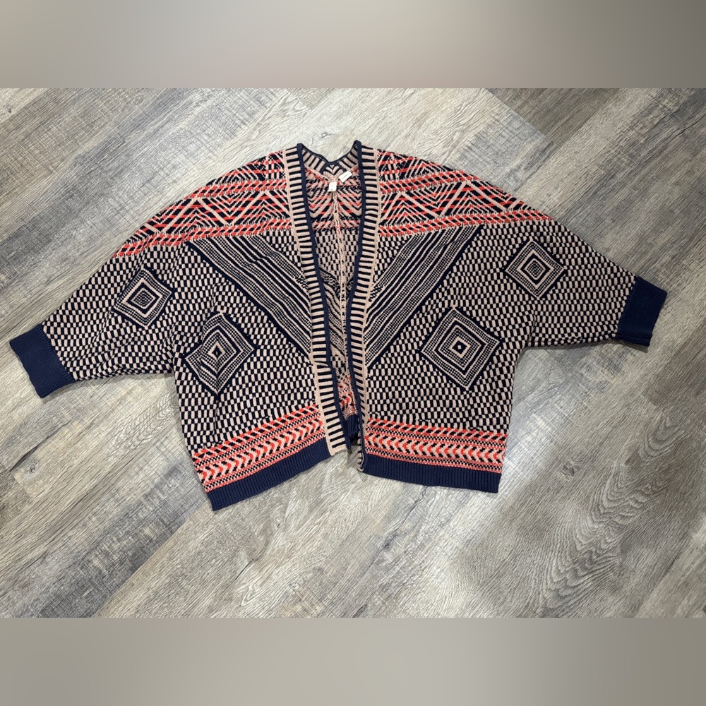 Anthropologie Navy and Coral Geometric Open Cardigan